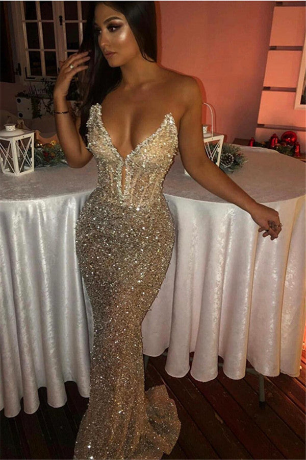 Long Sequin V-neck Strapless Mermaid Prom Dress