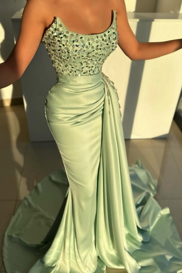 Long Strapless Satin Floor Length Mermaid Prom Dress with Beads