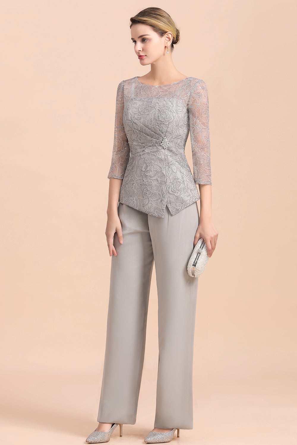 Elegant 3/4 Sleeves Lace Chiffon Jewl Mother of Bride Jumpsuit