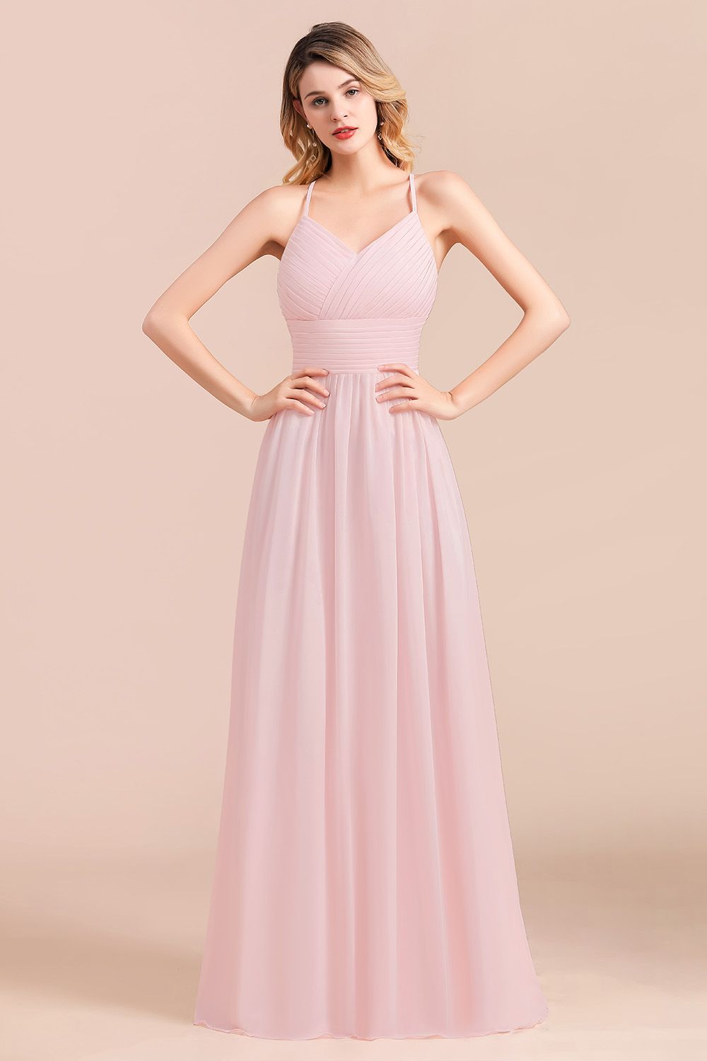 Vintage Spaghetti Straps Chiffon Bridesmaid Dress A-Line V-neck Evening Dress