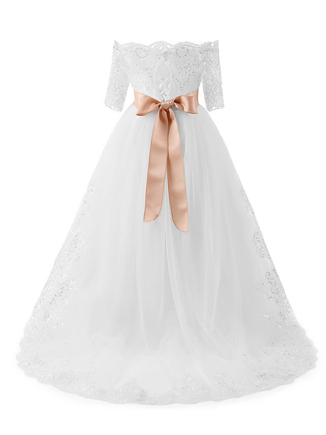 White Long Off the Shoulder A-line Tulle Flower Girl Dresses with Sleeves
