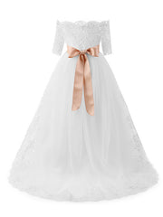 White Long Off the Shoulder A-line Tulle Flower Girl Dresses with Sleeves