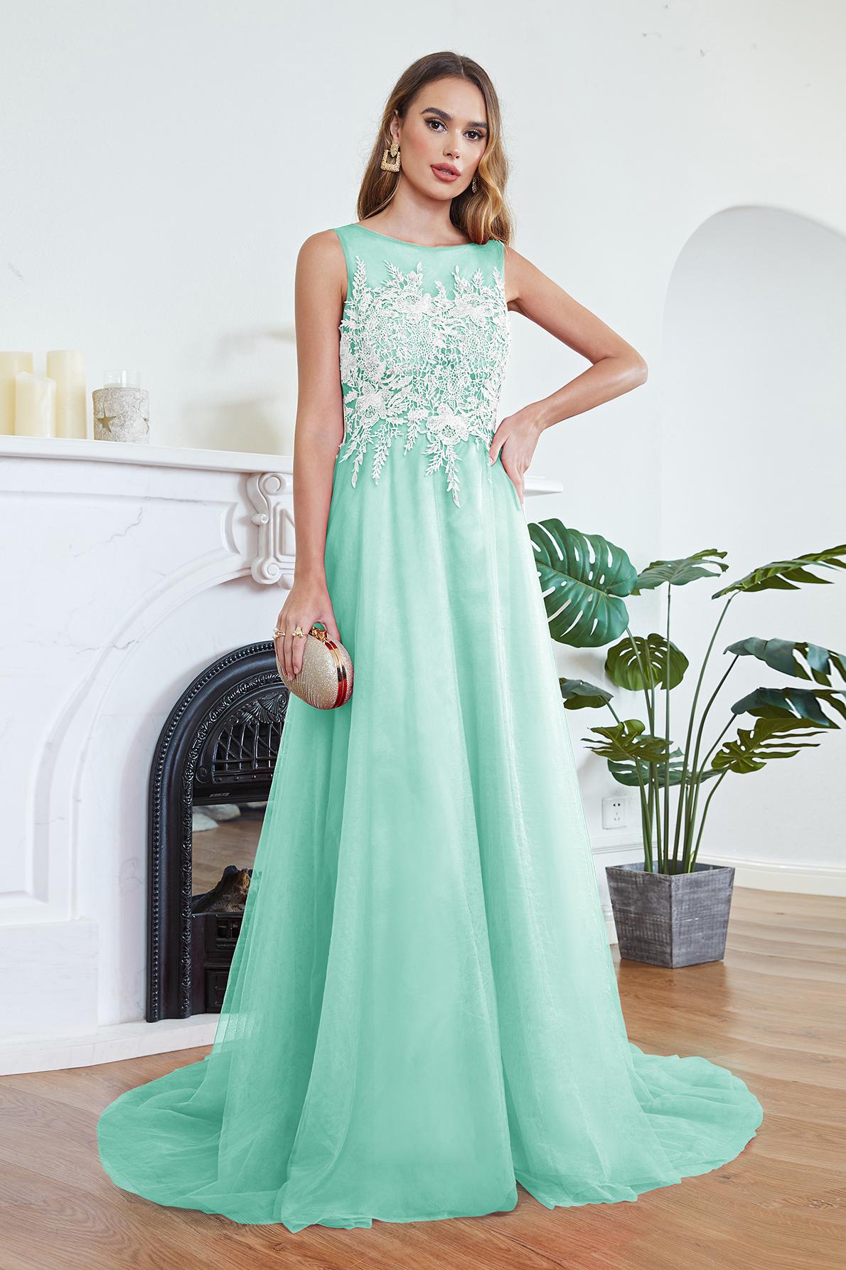 A-line Long Sleeveless Scoop Neck Tulle Lace Appliques Formal Evening Dress