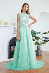 A-line Long Sleeveless Scoop Neck Tulle Lace Appliques Formal Evening Dress
