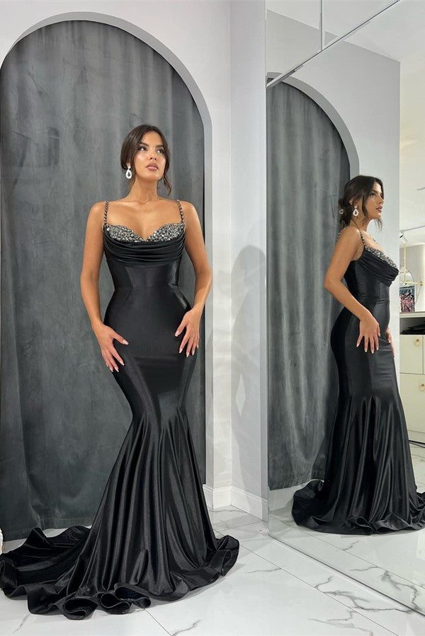 Black Long Mermaid Spaghetti Straps Beading Formal Prom Dress with Ruffles