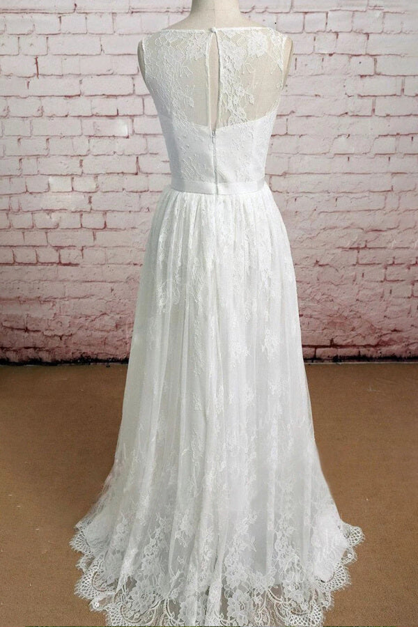 Long A-line Floor Length Lace Tulle Wedding Dress