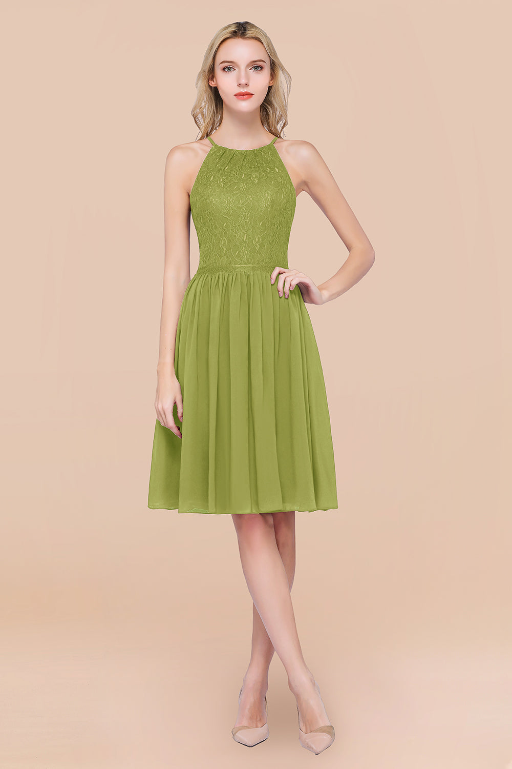 A-line Chiffon Lace Jewel Sleeveless Knee-Length Bridesmaid Dresses with Ruffles