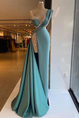 Mermaid Satin Long V-neck Beaded Prom Dress with Split Front