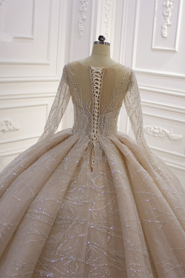 Gorgeous Bateau Long Sleeve Ruffles Floor Length Ball Gown Wedding Dress