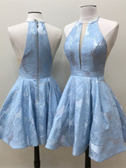 Short V-Neck A-Line Sleeveless Satin Lace Prom Dresses with Pockets