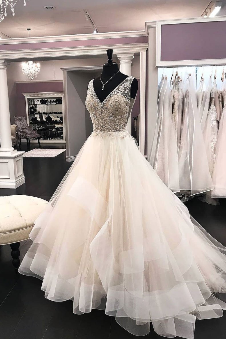 Ivory A-line Tulle V Neck Long Beaded Sequins Wedding Dress