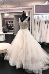 Ivory A-line Tulle V Neck Long Beaded Sequins Wedding Dress