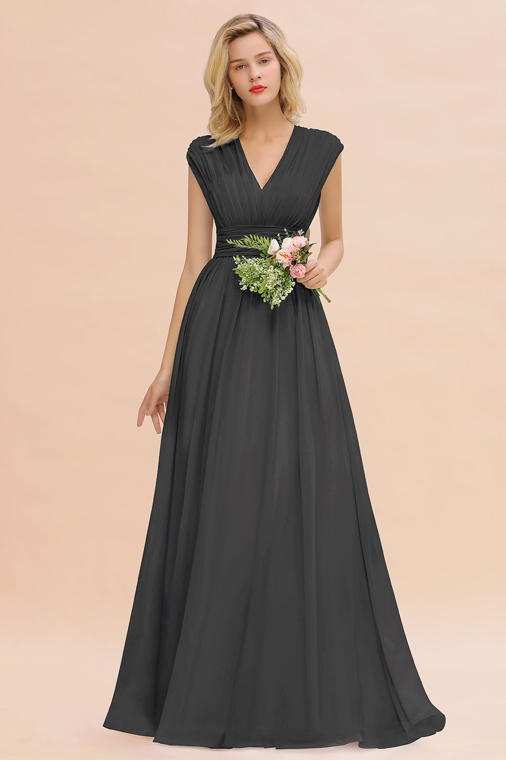 Chiffon V-Neck Sleeveless Elegant A-line Ruffles Bridesmaid Dress