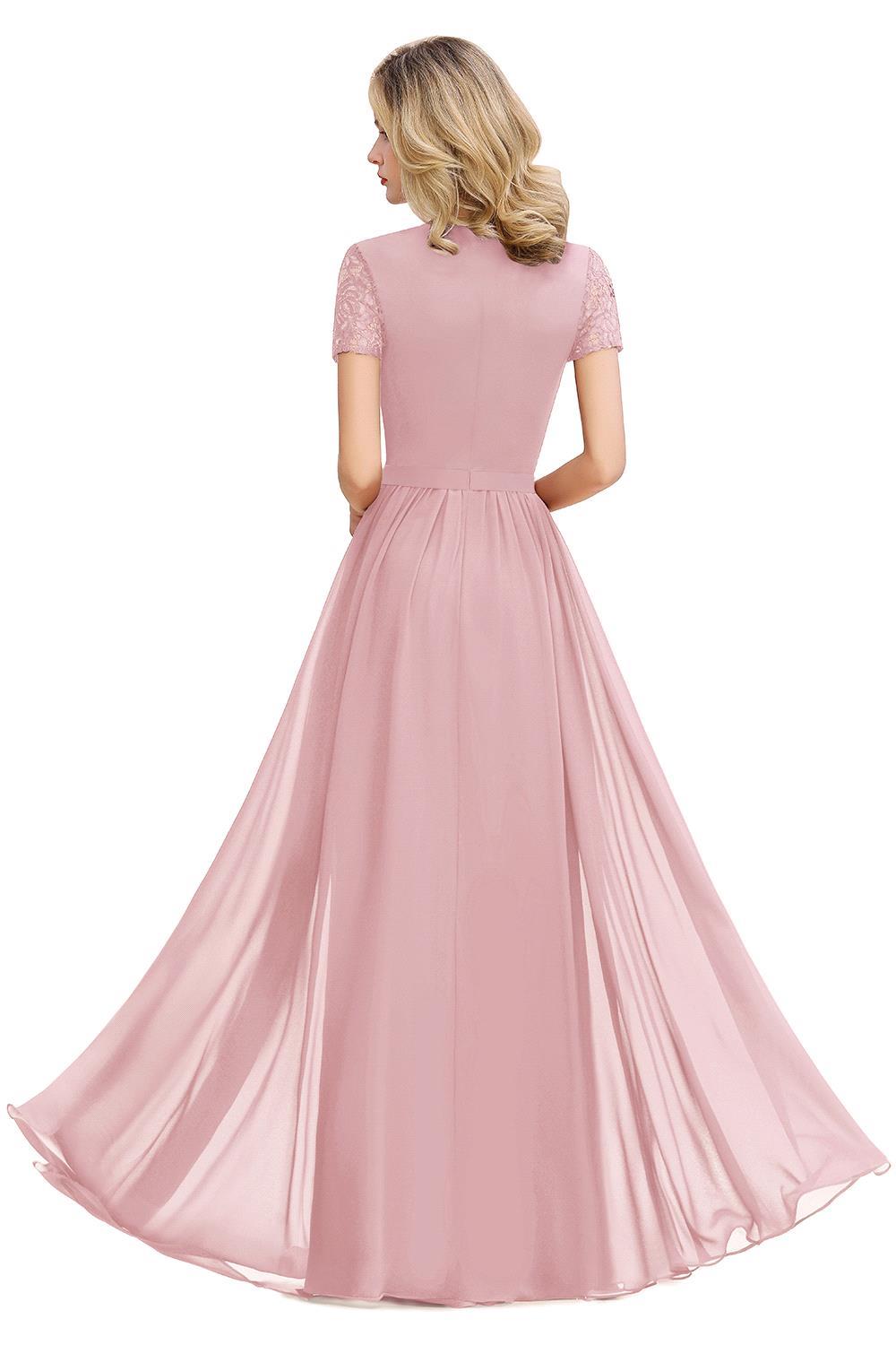 Burgundy Long A-line Chiffon Lace Formal Evening Dresses with Sleeves