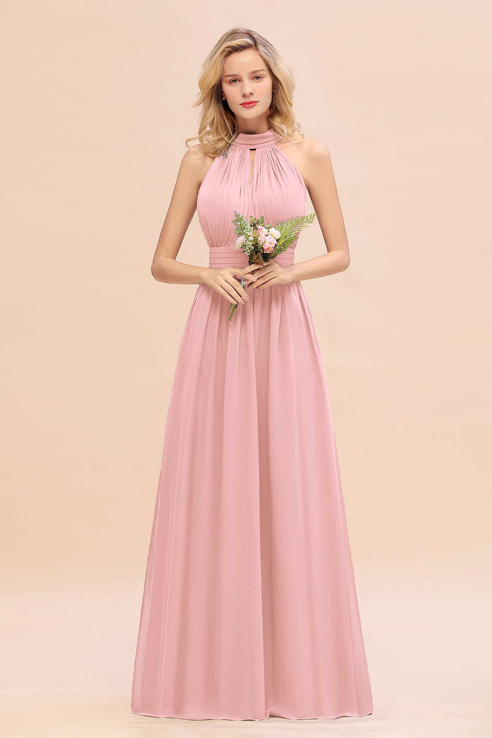 Dusty Sage Long High Neck Chiffon Bridesmaid Dresses with Ruffle