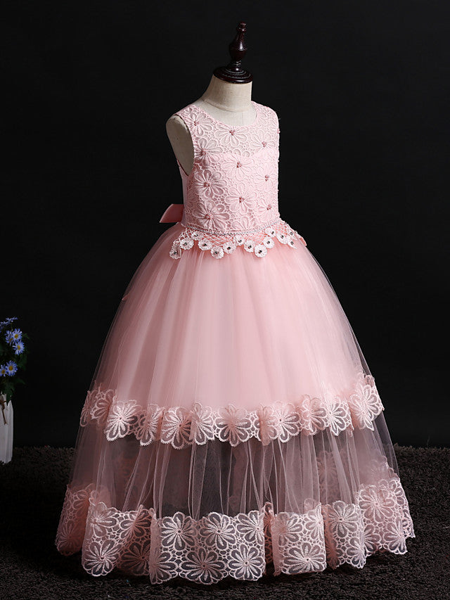 Long Princess Floor Length Sleeveless Jewel Neck Flower Girl Dresses