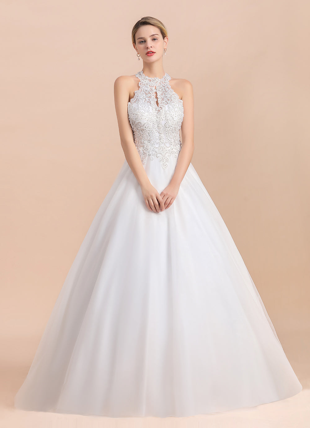 Long A-line Halter Tulle Lace Appliques Sleeveless Wedding Dresses