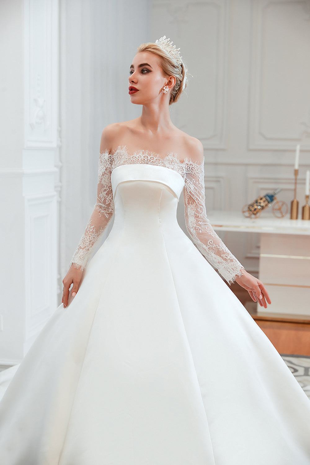 Stunning Off the Shoulder Long Sleeve A-Line Satin Church Wedding Dress