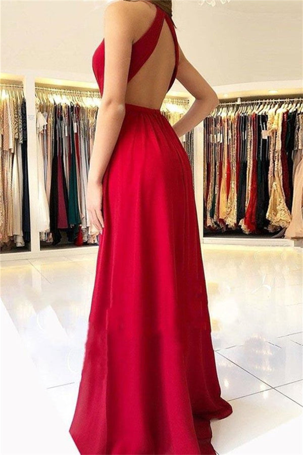Long Chiffon Halter Split Front A-line Prom Dress