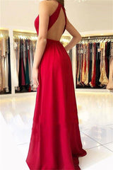 Long Chiffon Halter Split Front A-line Prom Dress