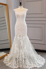 Elegant Long Mermaid Jewel Tulle Lace Wedding Dresses