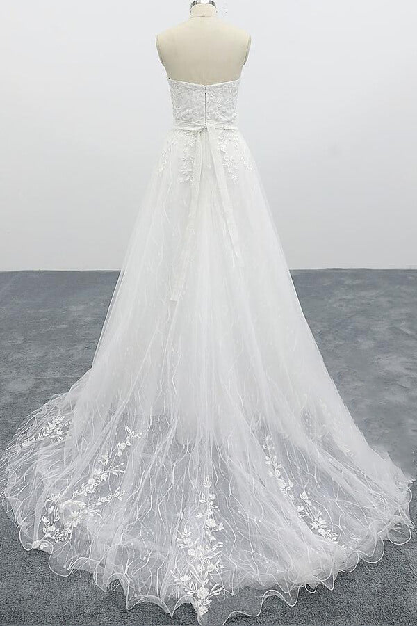 Strapless Long Tulle Chapel Train Lace A-line Wedding Dress
