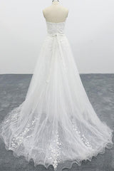 Strapless Long Tulle Chapel Train Lace A-line Wedding Dress