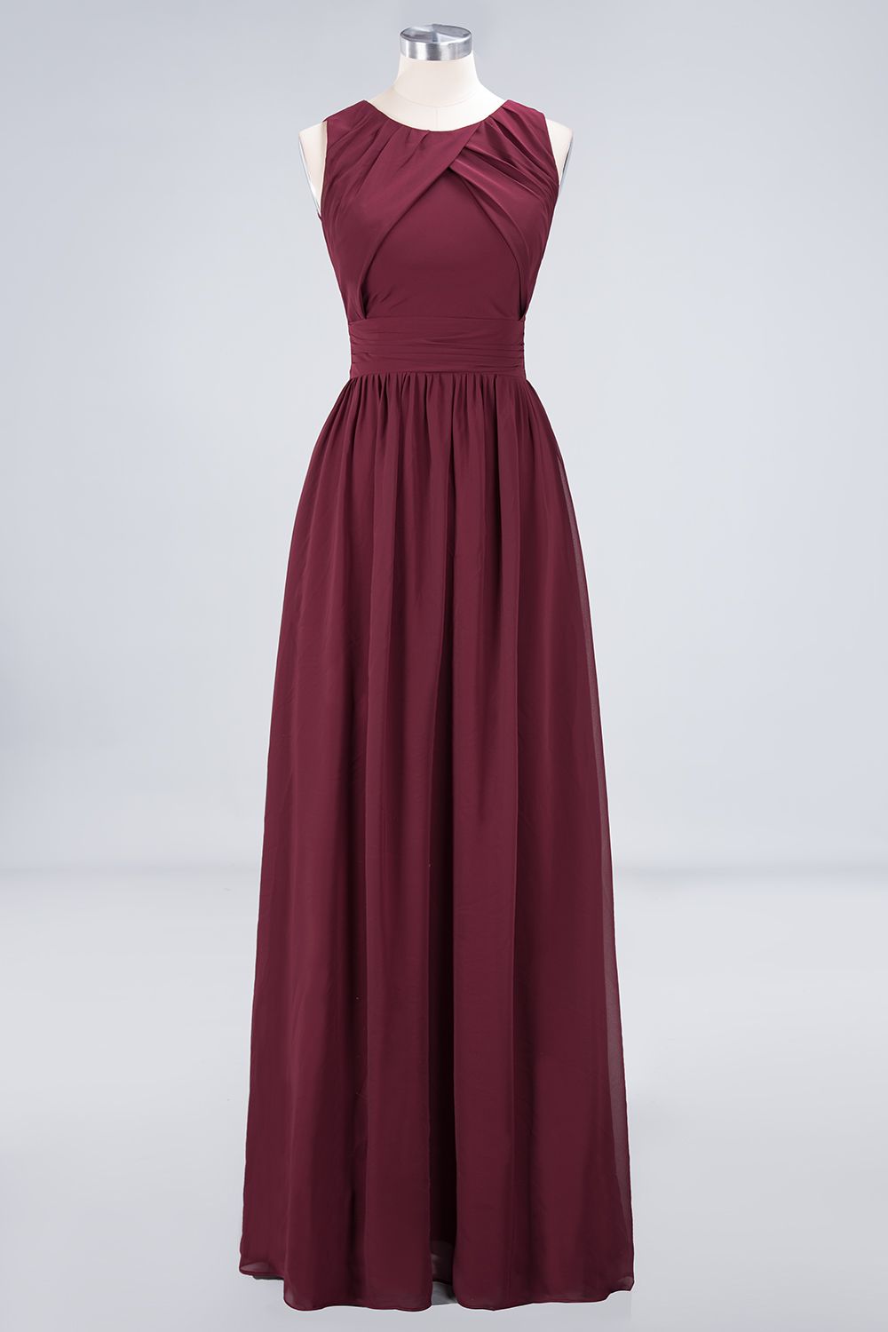A-Line Chiffon Round-Neck Sleeveless Floor Length Bridesmaid Dress with Ruffles