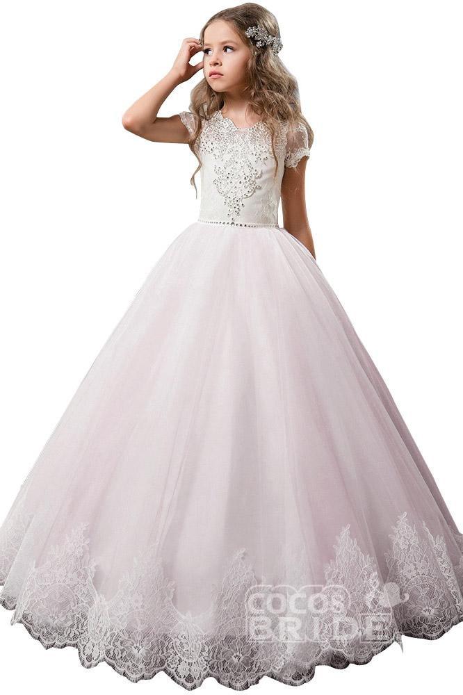 Long Scoop Neck Tulle Lace Ball Gown Flower Girl Dress