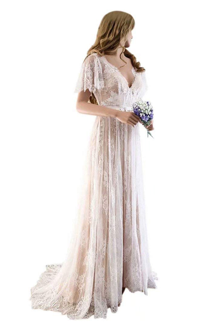 Gorgeous Long A-line V-Neck Cap Sleeves Lace Wedding Dresses