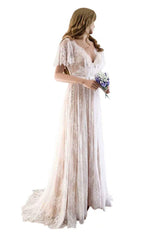 Gorgeous Long A-line V-Neck Cap Sleeves Lace Wedding Dresses