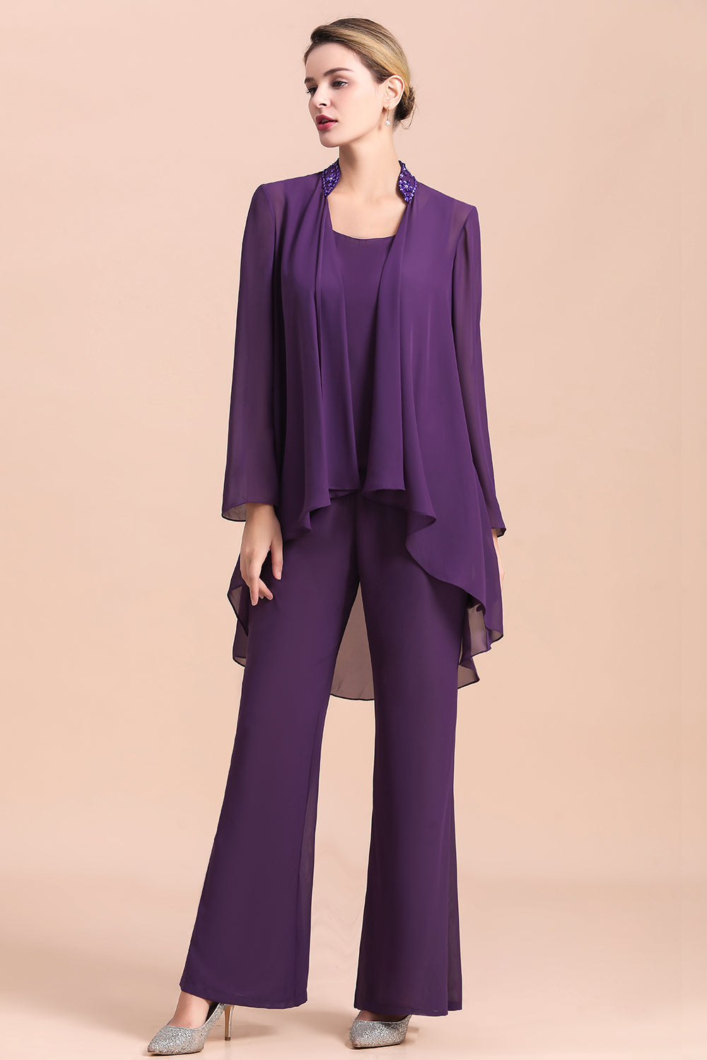 Straps Beading Grape Chiffon Long Sleeves Mother of Bride Jumpsuit With Wrap