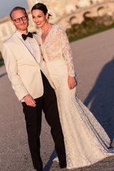 Long Sleeve Lace V-Neck Mermaid Wedding Dress with Open Back