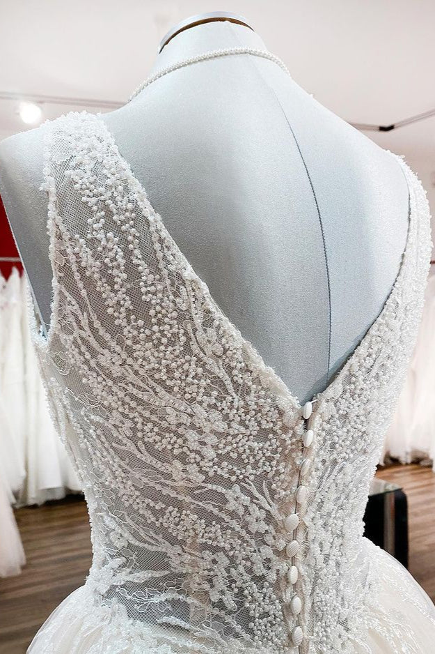Unique Long A-line V-neck Tulle Lace Ruffles Ivory Wedding Dress