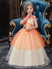 Long A-line Satin Sleeveless Jewel Neck Tulle Flower Girl Dresses For Wedding