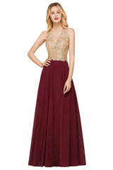 Long Burgundy A-line V-neck Chiffon Lace Backless Evening Dress