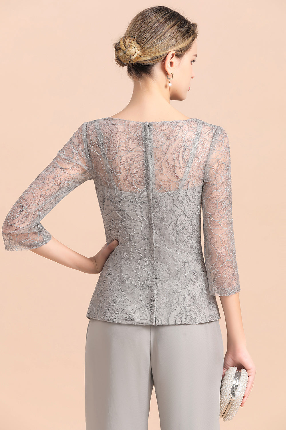 Elegant 3/4 Sleeves Lace Chiffon Jewl Mother of Bride Jumpsuit