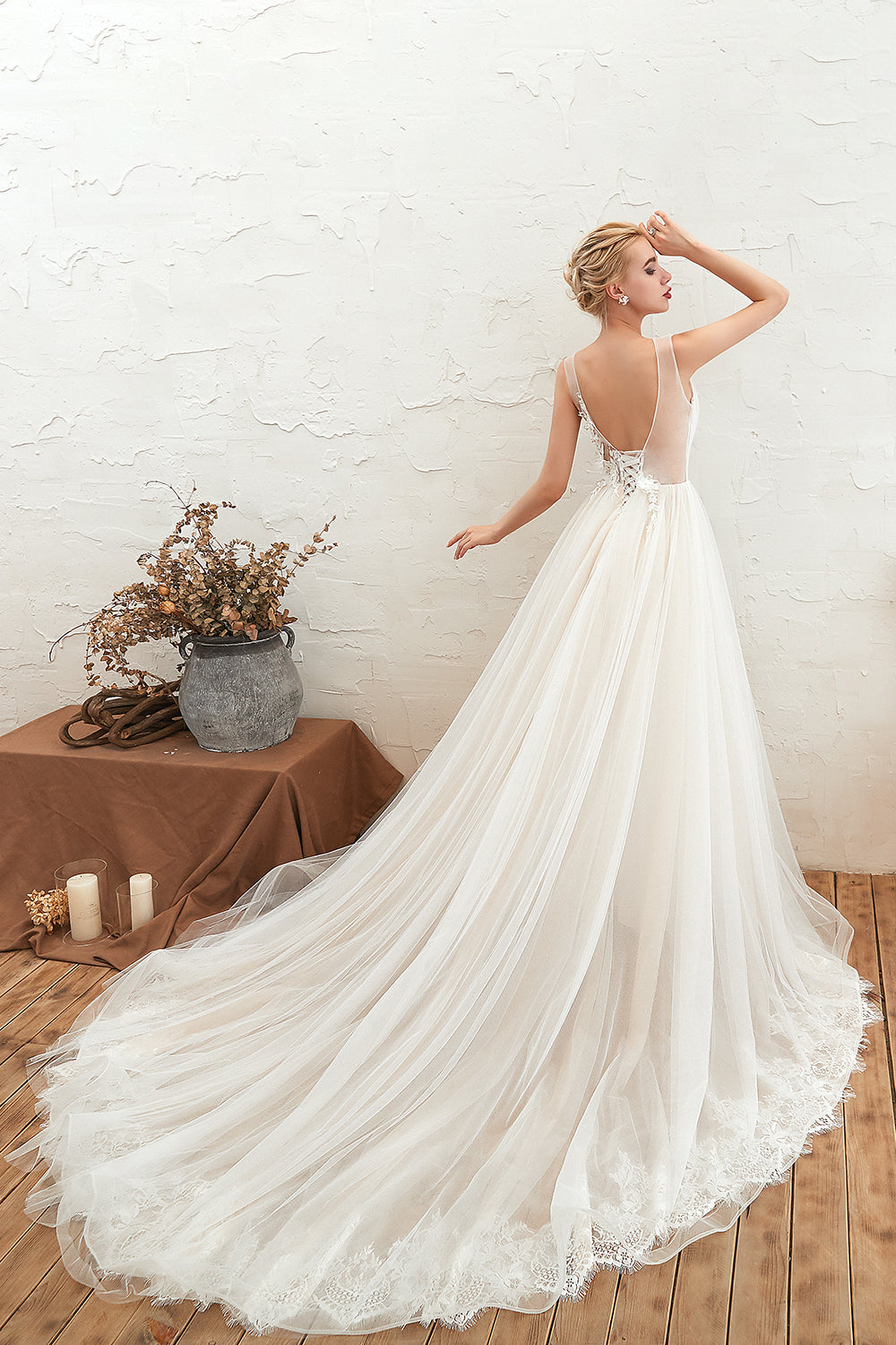 Long Wide Straps Deep V-neck A-Line Floor Length Tulle Wedding Dress