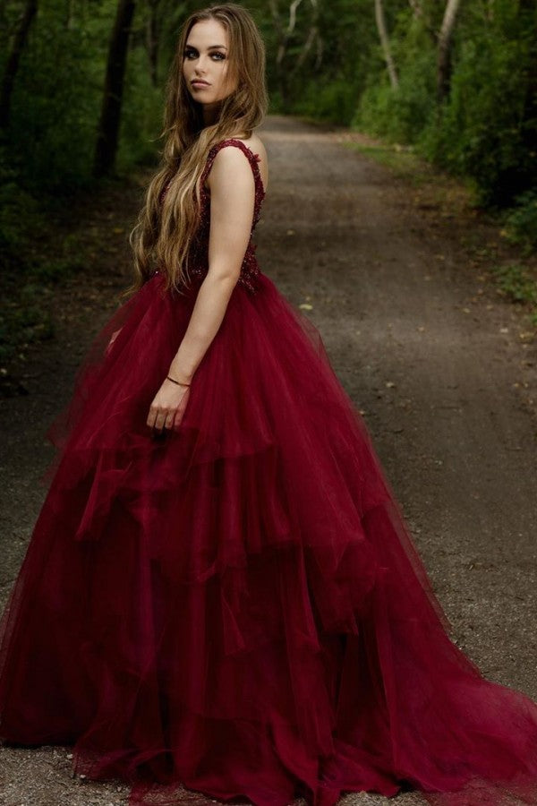 Long A-line V-neck Spaghetti Straps Appliques Lace Backless Tulle Prom Dress