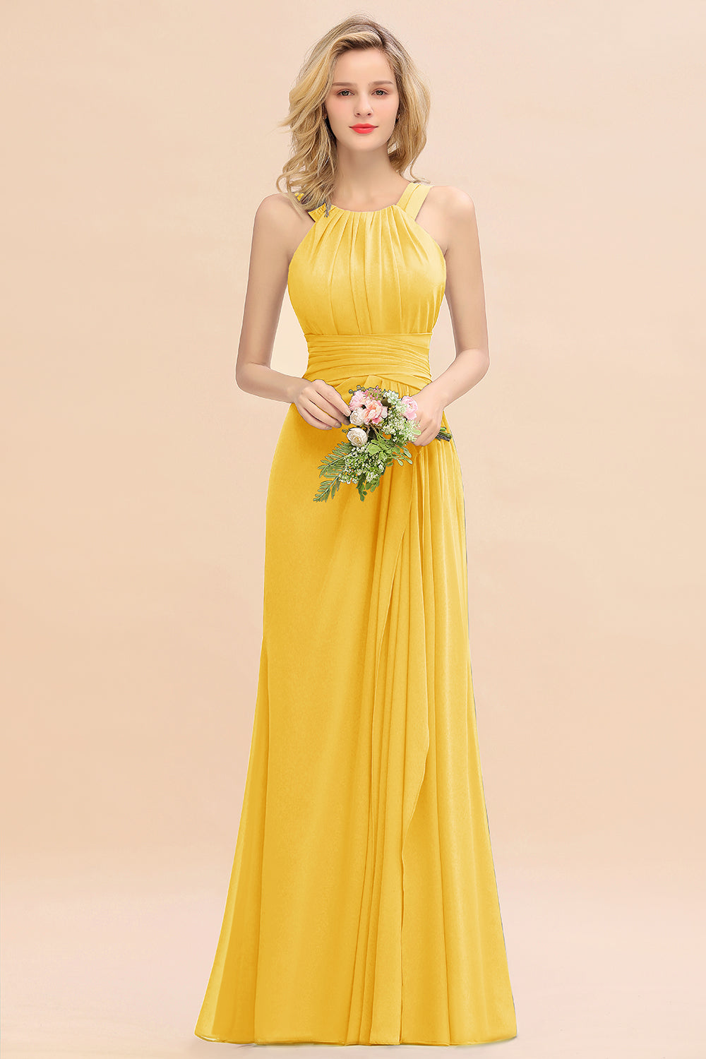 Long A-line Halter Chiffon Backless Floor Length Bridesmaid Dresses