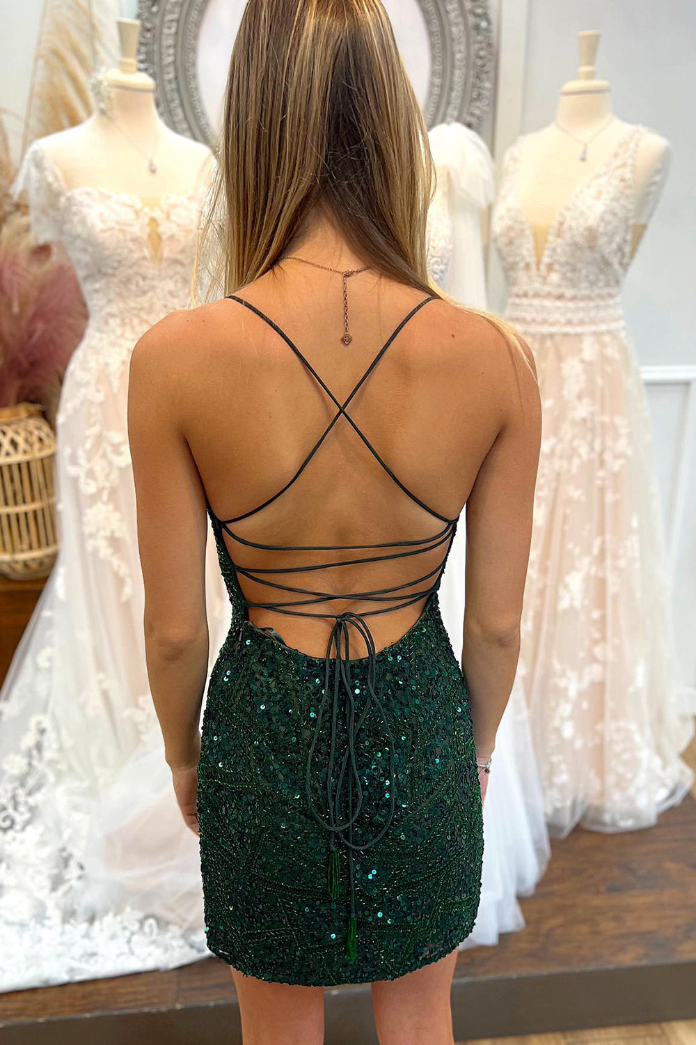 Dark Green Mermaid Beaded Sequins Open Back Homecoming Dress