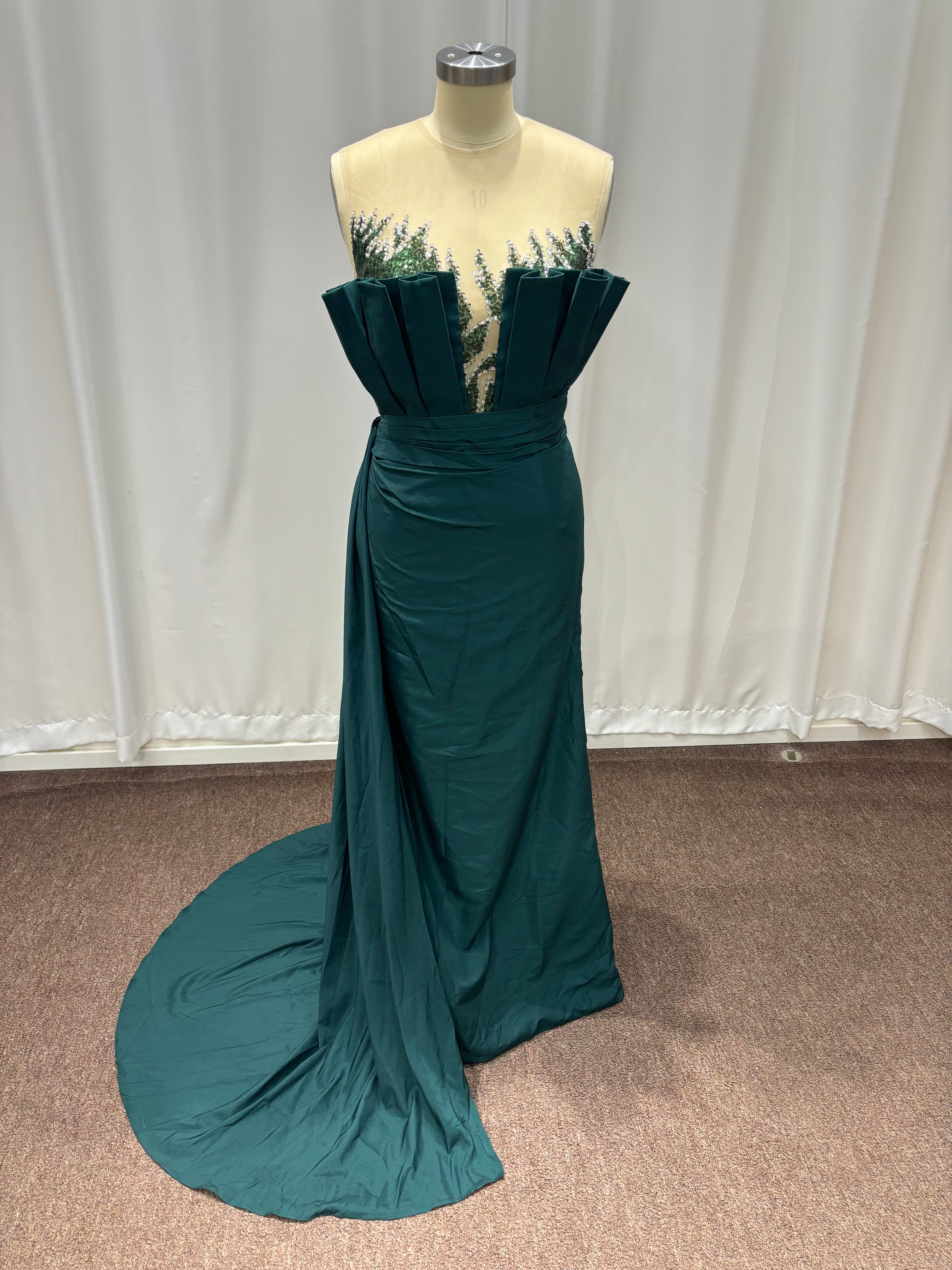 Dark Green Long Mermaid Strapless Satin Evening Dresses with Applique