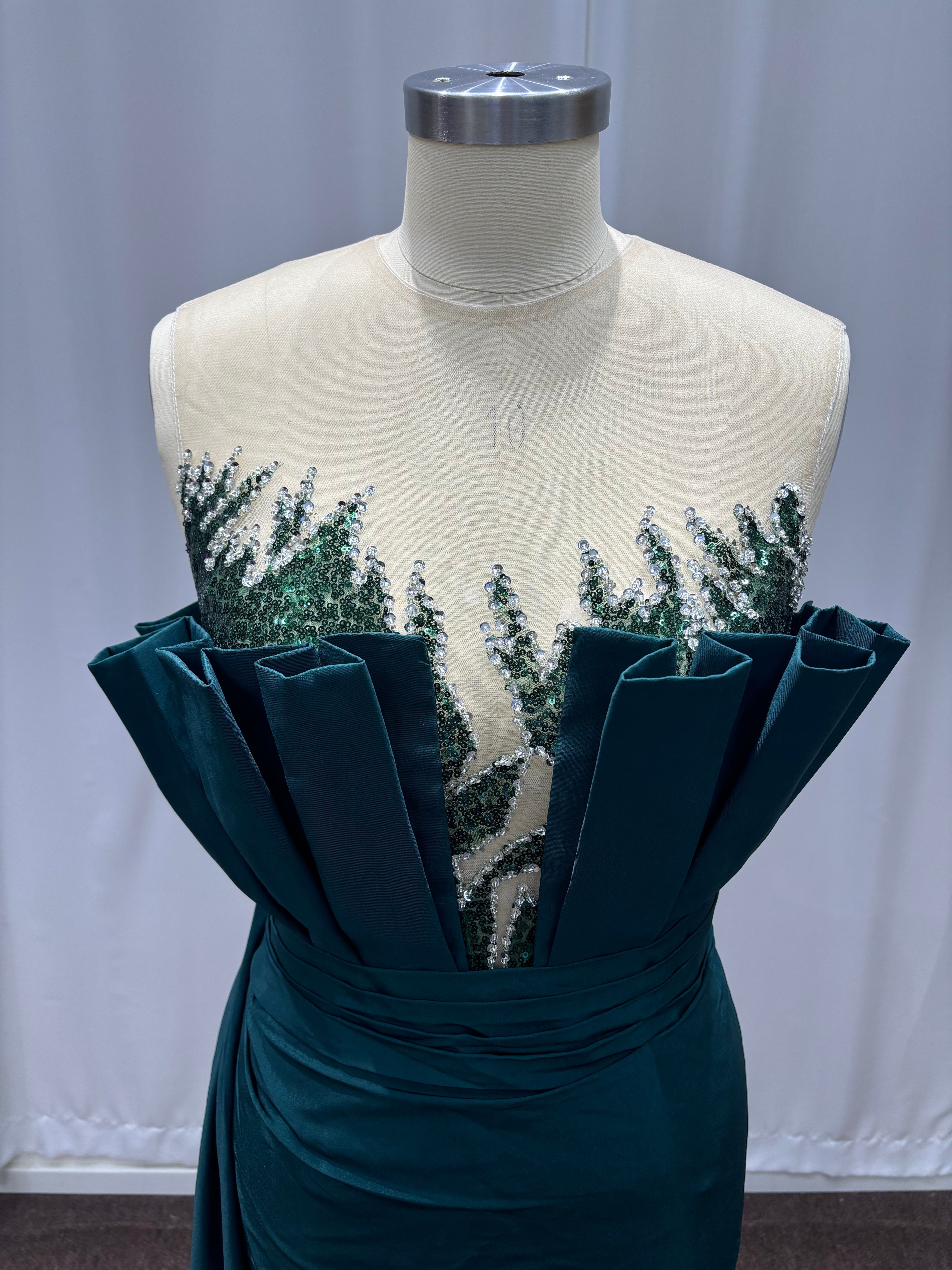 Dark Green Long Mermaid Strapless Satin Evening Dresses with Applique