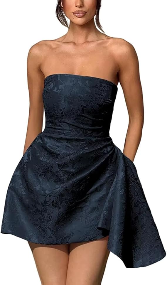 A-line Strapless Jacquard Satin Asymmetrical Lace up Sleeveless Short Homecoming Dress