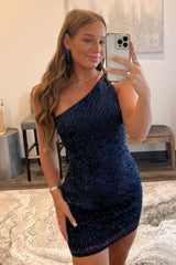 Dark Navy Short One Shoulder Beading Mermaid Homecoming Dress