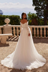 Long Sleeve A-Line Off the Shoulder Appliques Lace Wedding Dress with Slit