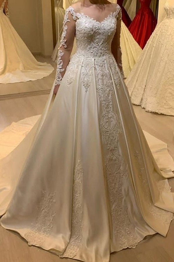 Elegant Long A-Line Sweetheart Appliques Lace Satin Wedding Dress with Long Sleeve