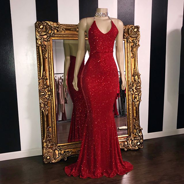 Sexy V-neck Sequins Sleeveless Long Mermaid Prom Dresses