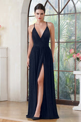 Split Front Spaghetti Straps V Neck A Line Chiffon Long Prom Dress with Beads