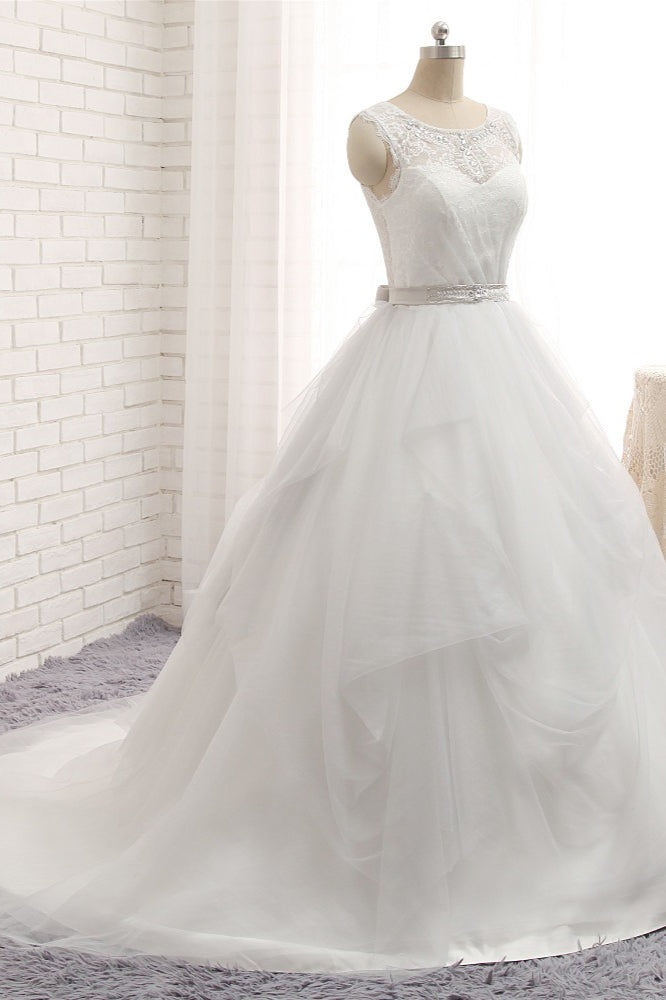 Elegant White Long A-line Jewel Tulle Lace Wedding Dress